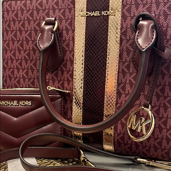 Michael Kors Maroon and Gold Satchel